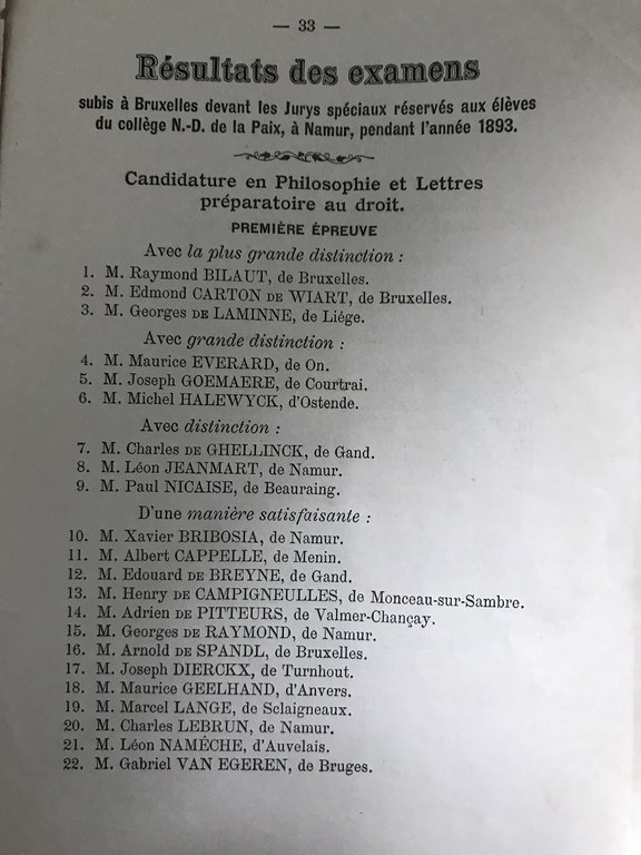 Résultats des examens de la candidature en Philosophie et Lettres préparatoire au droit (1893)