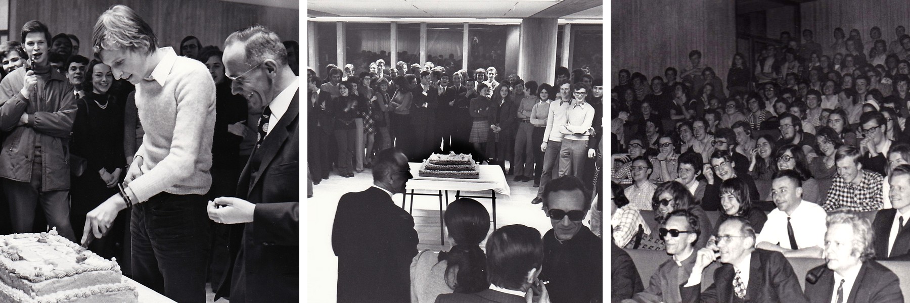 Le cocktail d'inauguration de la nouvelle faculté et le public de la Revue en 1973